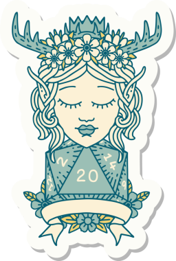 Bir insan tarafından çizilmiş doğal 20 zarlı Elf Druid karakterinin çıkartması.