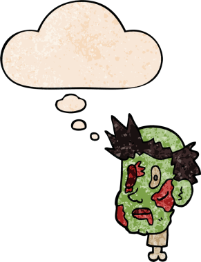 Bir insan tarafından çizilmiş grunge desenli düşünce baloncuğu olan bir zombi kafası.