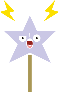 Bir insan tarafından çizilmiş sihirli değneğin düz renkli retro karikatürü