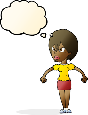 Bir insan tarafından çizilmiş düşünce baloncuğuyla rahatsız bir kadın.