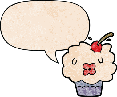 Bir insan tarafından çizilmiş geçmişe dönük konuşma baloncuklu komik bir kek.