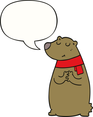 Bir insan tarafından çizilmiş konuşma balonlu eşarp takan çizgi film ayısı.