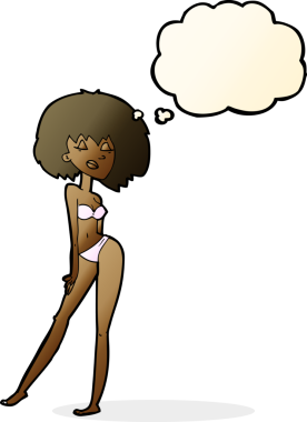 Bir insan tarafından çizilmiş düşünce balonlu bikinili karikatür kadın.