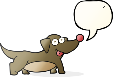 Bir insan tarafından çizilmiş serbest konuşma balonu karikatürü mutlu küçük köpek.