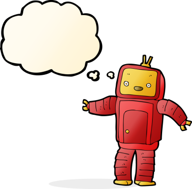 Bir insan tarafından çizilmiş düşünce baloncuklu çizgi film robotu