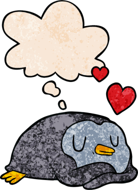 Karikatür pengueni, insan tarafından çizilmiş grunge dokusunda düşünce baloncuğuna aşık.