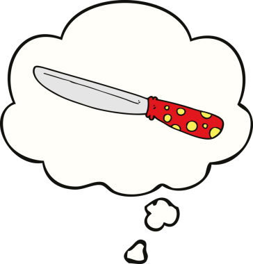Bir insan tarafından çizilmiş düşünce baloncuklu çizgi film bıçağı.