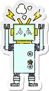 Bir insan tarafından çizilmiş sevimli bir robot çizgi film çıkartması.