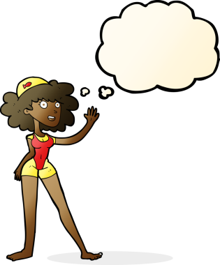 Bir insan tarafından çizilmiş düşünce balonlu bir yüzücü kadın.