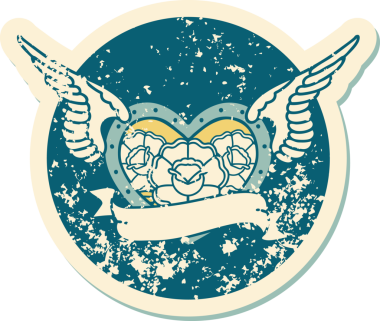 Bir insan tarafından çizilmiş çiçek ve pankartıyla uçan bir kalbin sembolik dövmeli resmi.