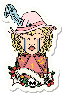 Ağlayan bir elf şair karakterinin çıkartması. İnsan tarafından çizilmiş doğal bir d20 zar.