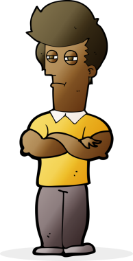 Bir insan tarafından çizilmiş kolları katlanmış çizgi film adamı.