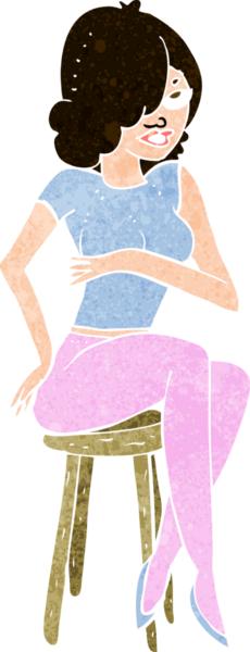 Bir insan tarafından çizilmiş bar taburesinde oturan çizgi film kadını.