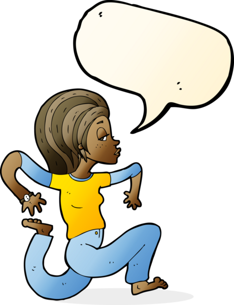 Bir insan tarafından çizilmiş bir konuşma balonuyla koşan çizgi film kadını.