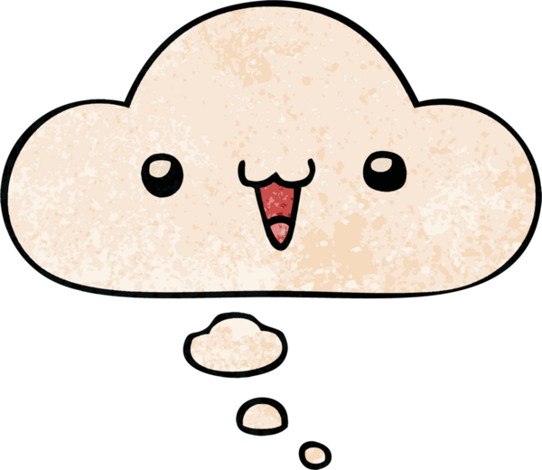 Bir insan tarafından çizilmiş grunge desen şeklinde düşünce baloncuğu olan sevimli mutlu yüz karikatürü.