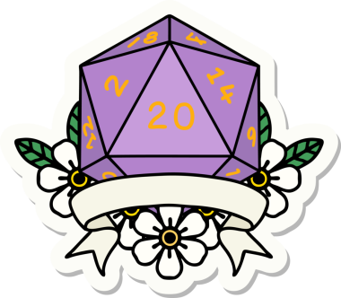 Bir insan tarafından çizilmiş 20 kritik vuruşluk D20 zar etiketi.