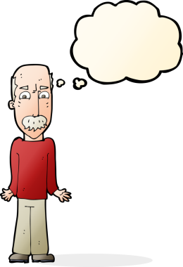 Çizgi filmdeki baba, bir insan tarafından çizilmiş düşünce balonuyla omuz silkiyor.