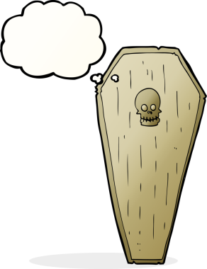 Bir insan tarafından çizilmiş düşünce baloncuklu ürkütücü karikatür tabut.