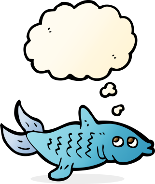 Bir insan tarafından çizilmiş düşünce baloncuklu çizgi film balığı.