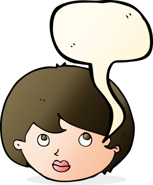 Bir insan tarafından çizilmiş bir konuşma baloncuğuyla yukarı bakan kadın yüzü.