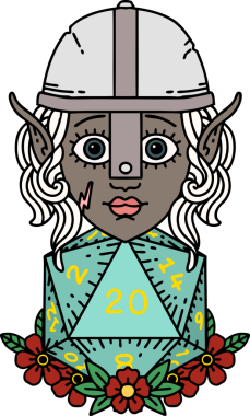 Retro Tattoo stili elf dövüşçüsü. Bir insan tarafından çizilmiş 20 zar ile.