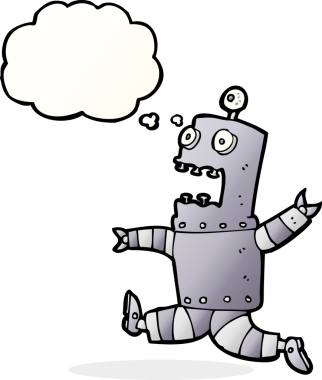 Bir insan tarafından çizilmiş düşünce baloncuklu korkmuş robot çizgi filmi.