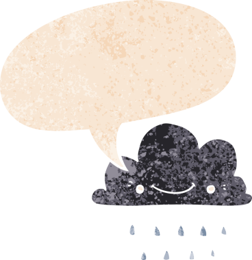 Bir insan tarafından çizilmiş grunge sıkıntılı retro desenli konuşma baloncuklu çizgi film fırtına bulutu