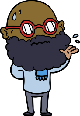 Bir insan tarafından çizilmiş sakallı ve gözlüklü endişeli bir adam.