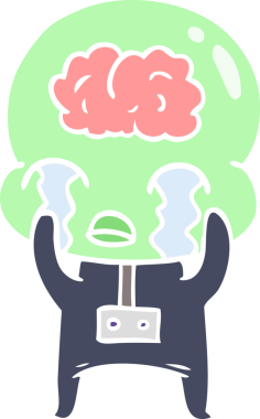 Düz renkli çizgi film. Bir insan tarafından çizilmiş büyük beyinli uzaylı ağlaması.