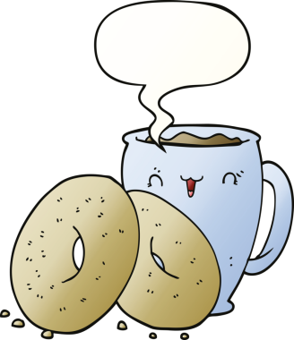 Bir insan tarafından çizilmiş, konuşma baloncuklu çizgi film kahvesi ve çörekler.