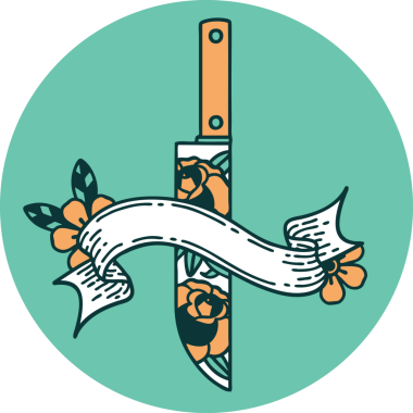 bir hançer ve bir insan tarafından çizilmiş çiçeklerle dövme stili simgesi