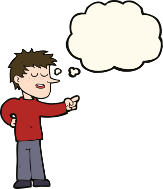 Bir insan tarafından çizilen düşünce baloncuğuyla işaret eden çizgi film adamı.