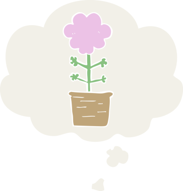 Bir insan tarafından çizilmiş düşünce baloncuğu olan sevimli bir karikatür çiçeği.