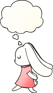 Düşünce baloncuğu olan sevimli çizgi film tavşanı bir insan tarafından çizilmiş.