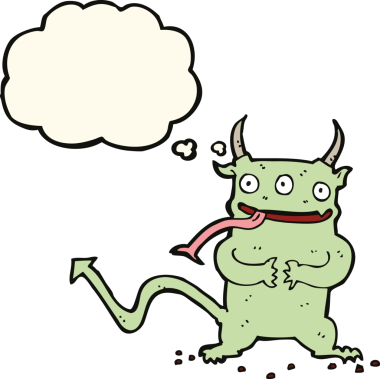 Bir insan tarafından çizilmiş düşünce baloncuğu olan küçük bir iblis.