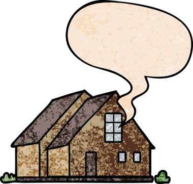 Konuşma baloncuğu olan bir karikatür evi insan tarafından çizilmiş.