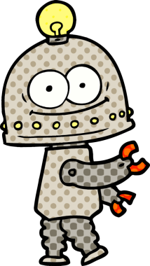 Bir insan tarafından çizilmiş ampullü mutlu karton robot.