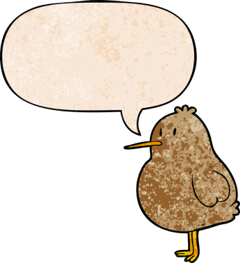 Tatlı çizgi film kivi kuşu. Retro desen şeklinde konuşma balonu olan bir insan tarafından çizilmiş.