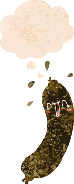 Düşünce baloncuklu mutlu çizgi film sosisi bir insan tarafından çizilmiş sıkıntılı retro dokuma tarzı