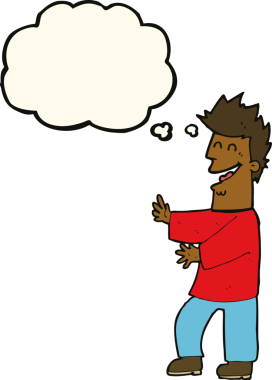 Bir insan tarafından çizilmiş düşünce balonlu gülen adam.