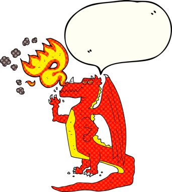 Serbest çizim çizgi roman konuşma balonu çizgi filmi mutlu ejderha nefes ateşi bir insan tarafından çizildi