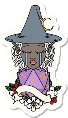 Ağlayan Elf Büyücüsü karakterinin çıkartması. İnsan tarafından çizilmiş doğal bir D20 ruloyla.