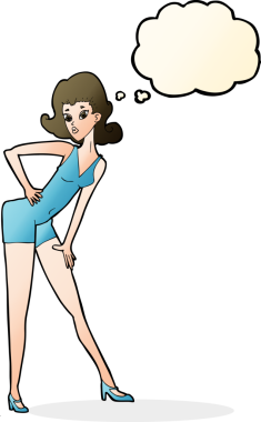 Bir insan tarafından çizilmiş düşünce balonuyla poz veren karikatür modeli kadın.