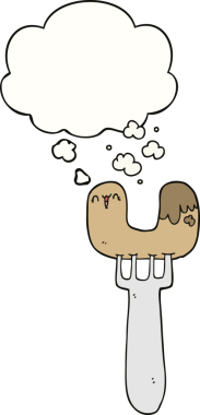 Bir insan tarafından çizilmiş düşünce baloncuklu çatal üzerinde çizgi film sosisi.