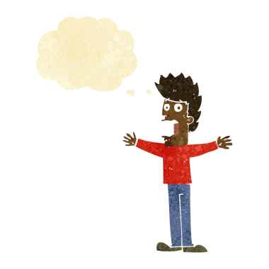 Bir insan tarafından çizilmiş düşünce baloncuğuyla dehşete düşmüş bir adam.