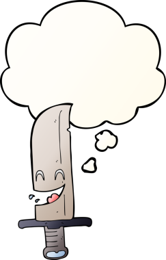 Düşünce baloncuğuyla gülen çizgi film bıçağı bir insan tarafından çizilmiş.