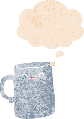 Düşünce baloncuklu çizgi film kupası grunge sıkıntılı retro dokuma tarzı bir insan tarafından çizilmiş