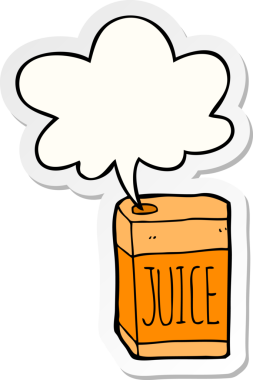 Bir insan tarafından çizilmiş konuşma kabarcığı etiketli çizgi film meyve suyu kutusu.