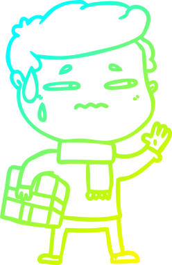 Bir insan tarafından çizilmiş yılbaşı hediyesiyle endişeli bir çizgi film çizimi.