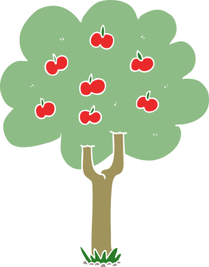 Bir insan tarafından çizilmiş düz renkli elma ağacı.